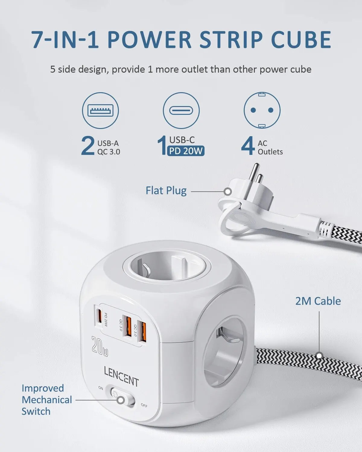 Flat EU Plug Power Strip Cube with 4AC Outlets +2 QC3.0 USB+ 1Type C PD20W Fast Charging 2M/3M Braided Cable for Home