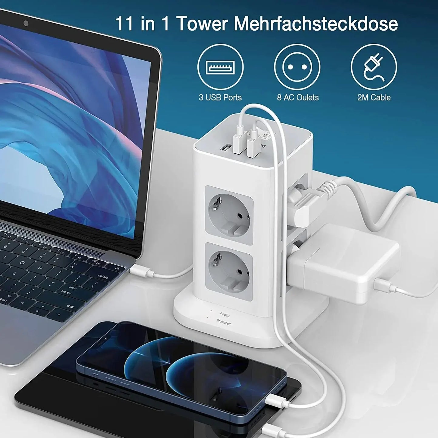 Tower Power Strip Multi Outlets with USB, 2M Extension Cable EU Plug Vertical Electric Socket Surge Protection for Home