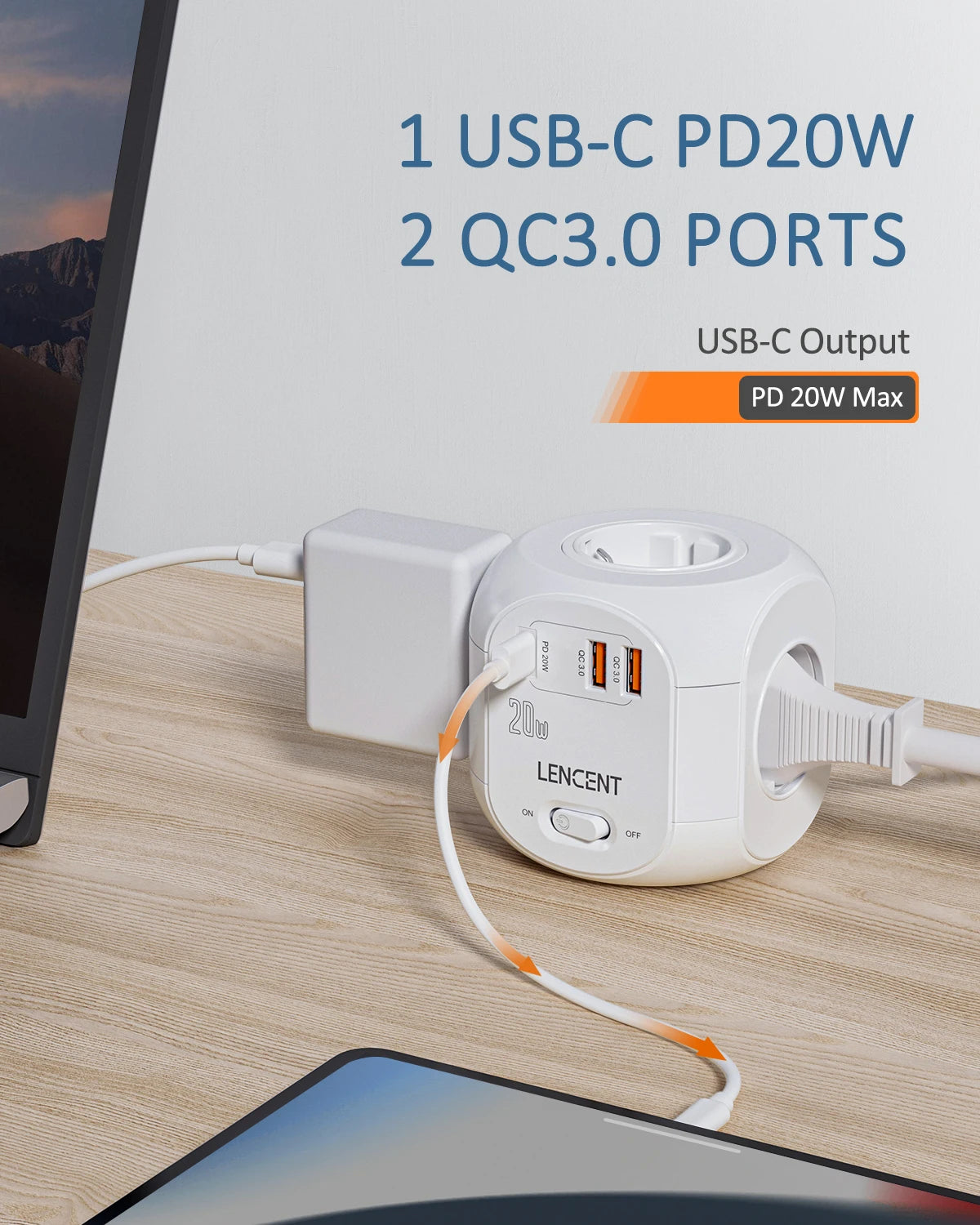 Flat EU Plug Power Strip Cube with 4AC Outlets +2 QC3.0 USB+ 1Type C PD20W Fast Charging 2M/3M Braided Cable for Home