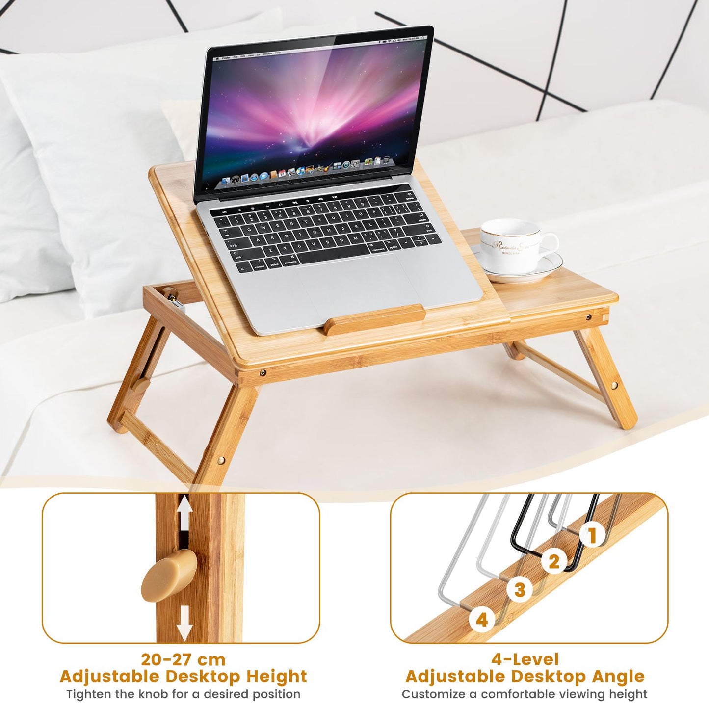 Portable Bamboo Laptop Lap Tray with Adjustable Legs and Tilting Top