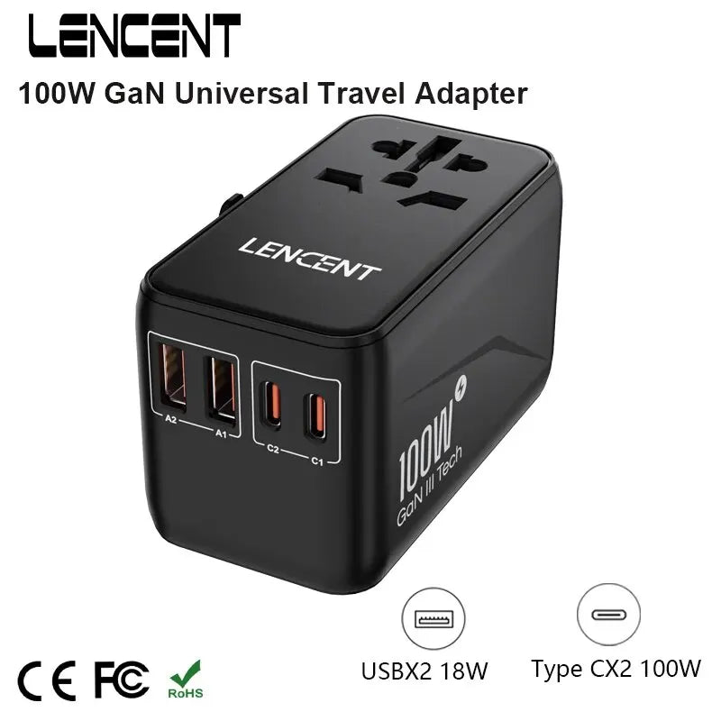 Gan III 100W Universal Travel Adapter with 2 USB and 2 Type C PD Fast Charging Adapter EU/UK/USA/AUS Plug for Travel