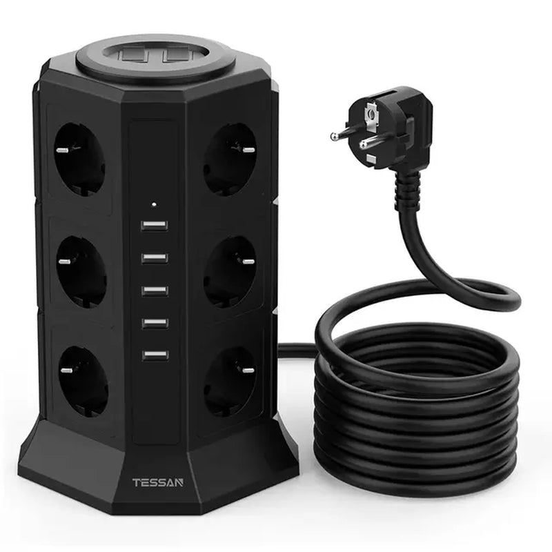 Tower Power Strip with 12 Outlets +5 USB Ports +2 Switches, 2M Extension Cable, EU Plug Vertical Electric Socket for Home