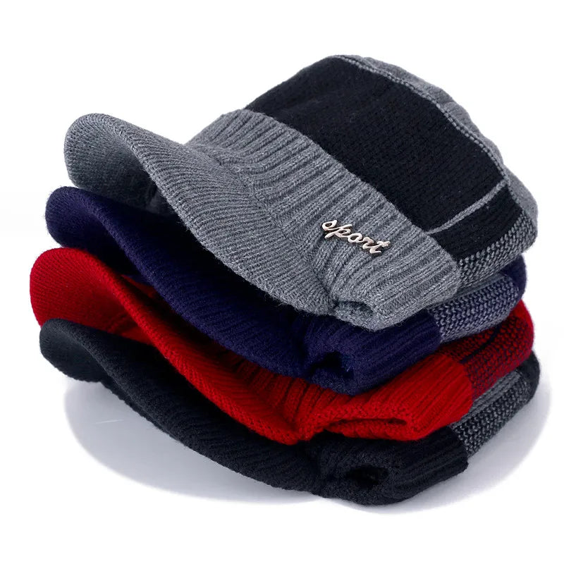 New Unisex Warm Winter Hat with Brim Add Fur Lined Beanie Hat Sports Label Thicken Winter Hats for Men Women Knitted Hat