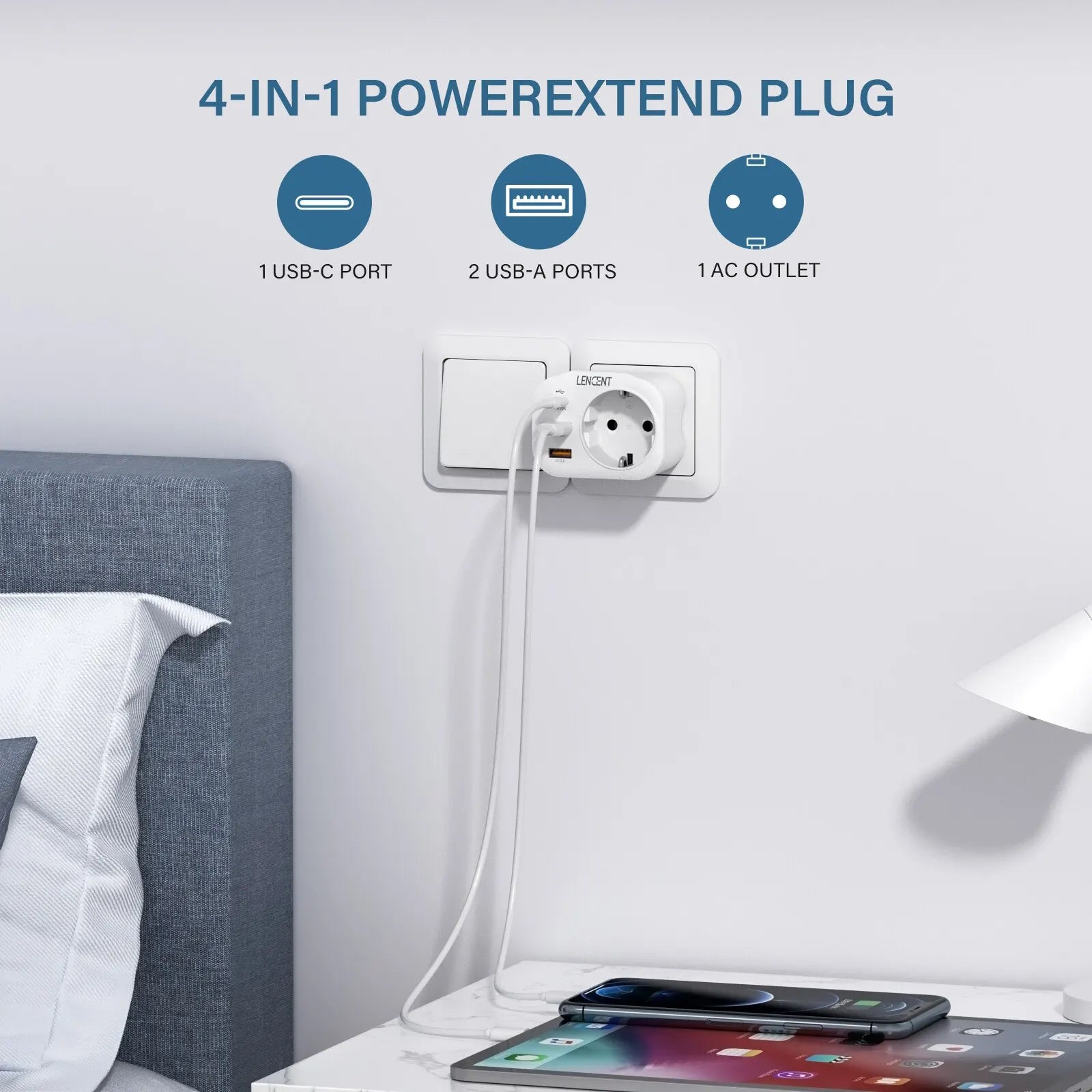 EU Plug Wall Socket Extender with 1 AC Outlet 2 USB QC3.0 and 1 Type C PD 20W Multi Socket Fast Charger for Home Travel