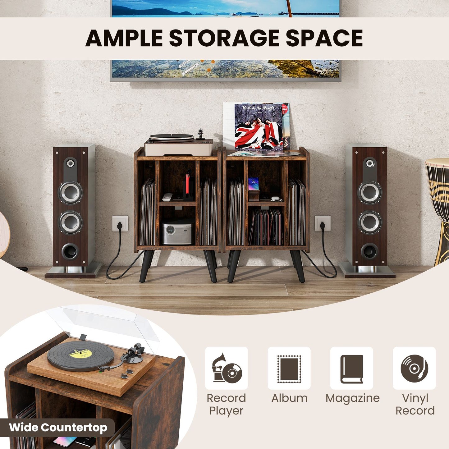 Record Player Stand with 4 Open Shelves Power Outlet USB Charging Port