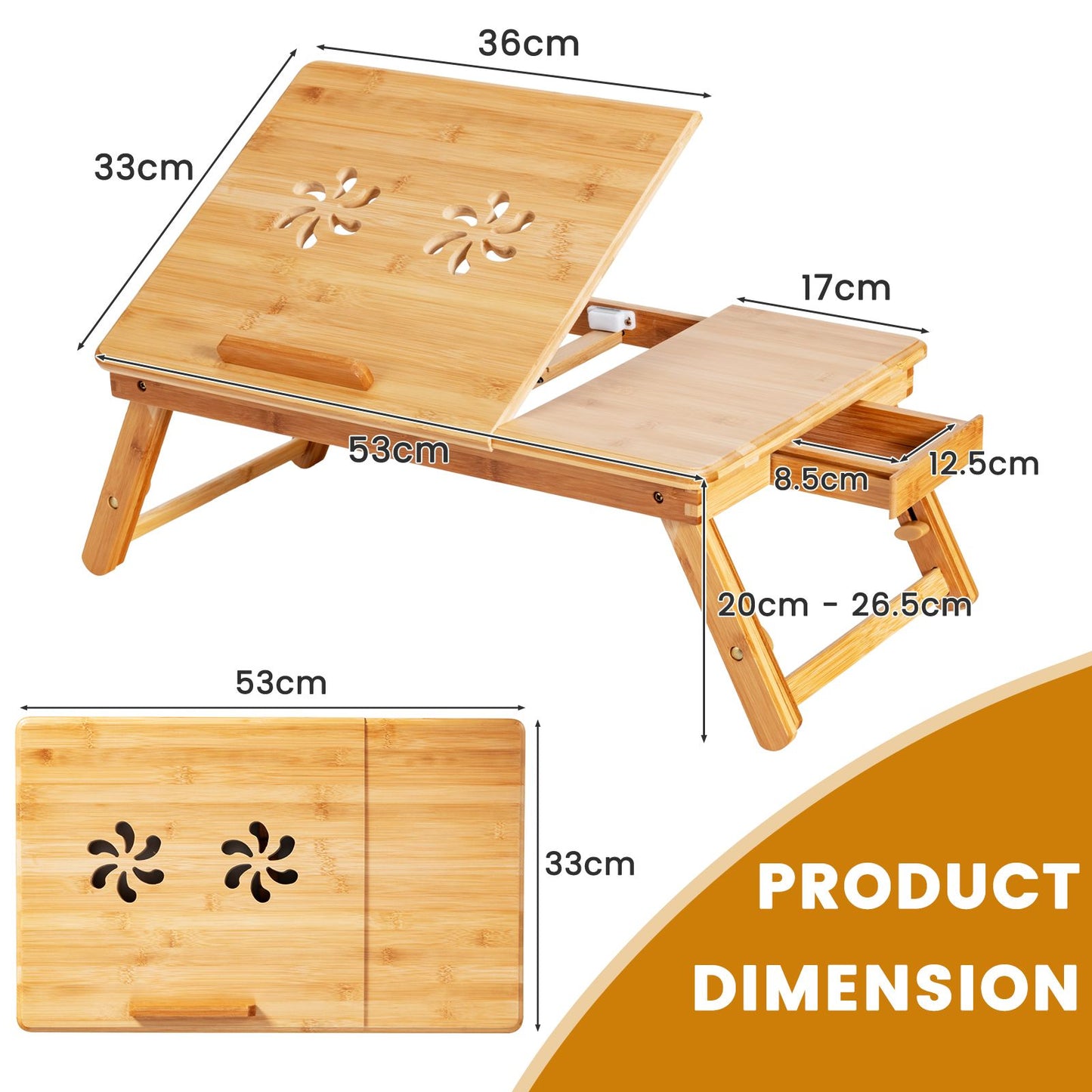 Portable Bamboo Laptop Lap Tray with Adjustable Legs and Tilting Top