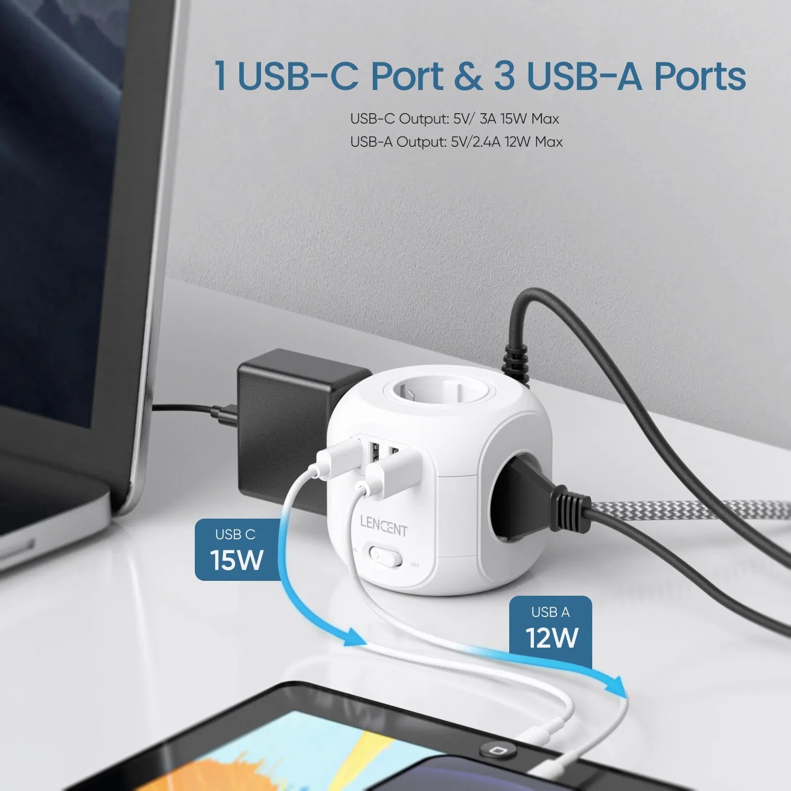 EU Plug Power Strip with 4 AC Outlets 3 USB Port 1 Type C 2M/3M Braided Cable Multi Socket with Switch for Home