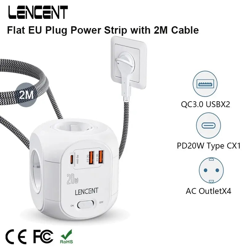 Flat EU Plug Power Strip Cube with 4AC Outlets +2 QC3.0 USB+ 1Type C PD20W Fast Charging 2M/3M Braided Cable for Home