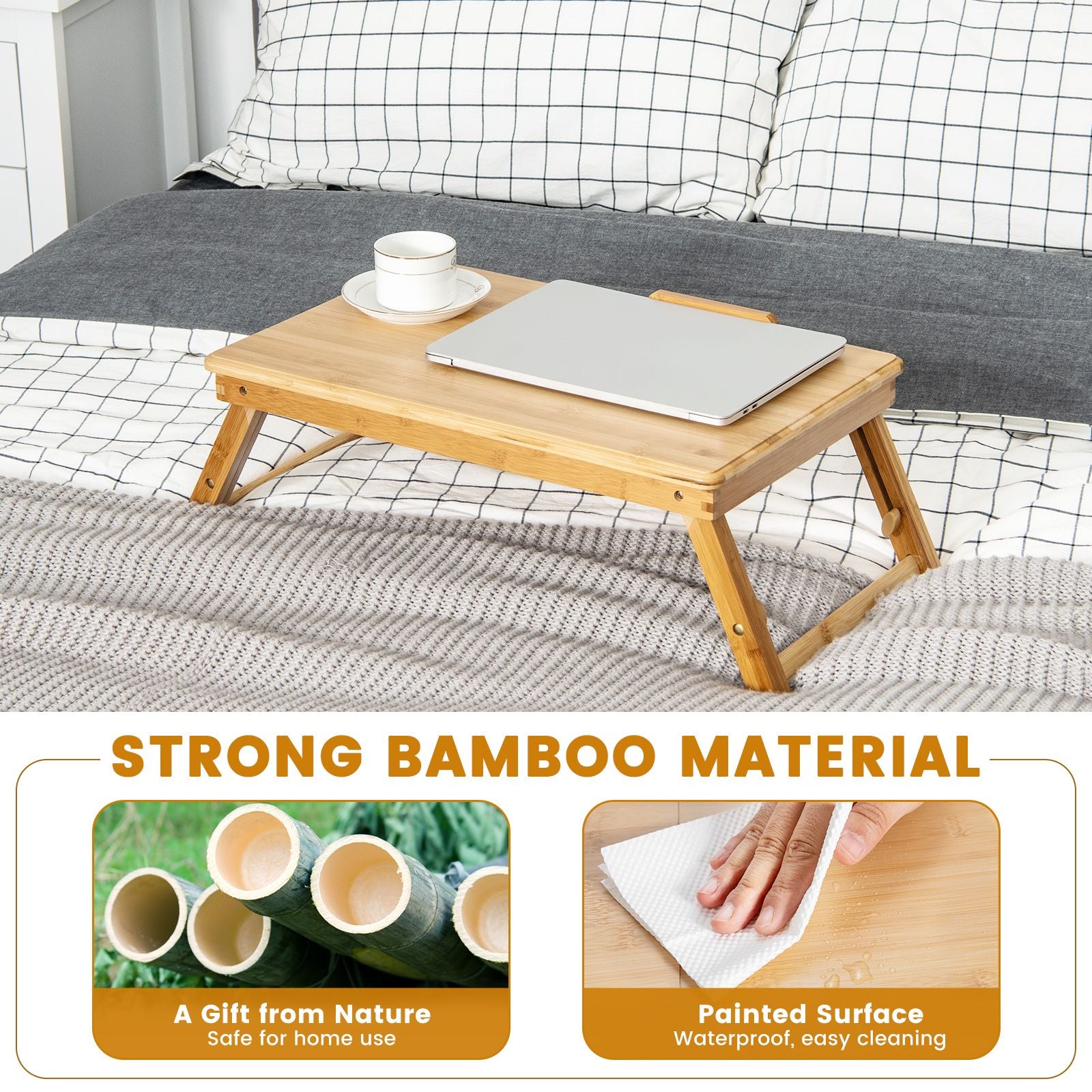 Portable Bamboo Laptop Lap Tray with Adjustable Legs and Tilting Top