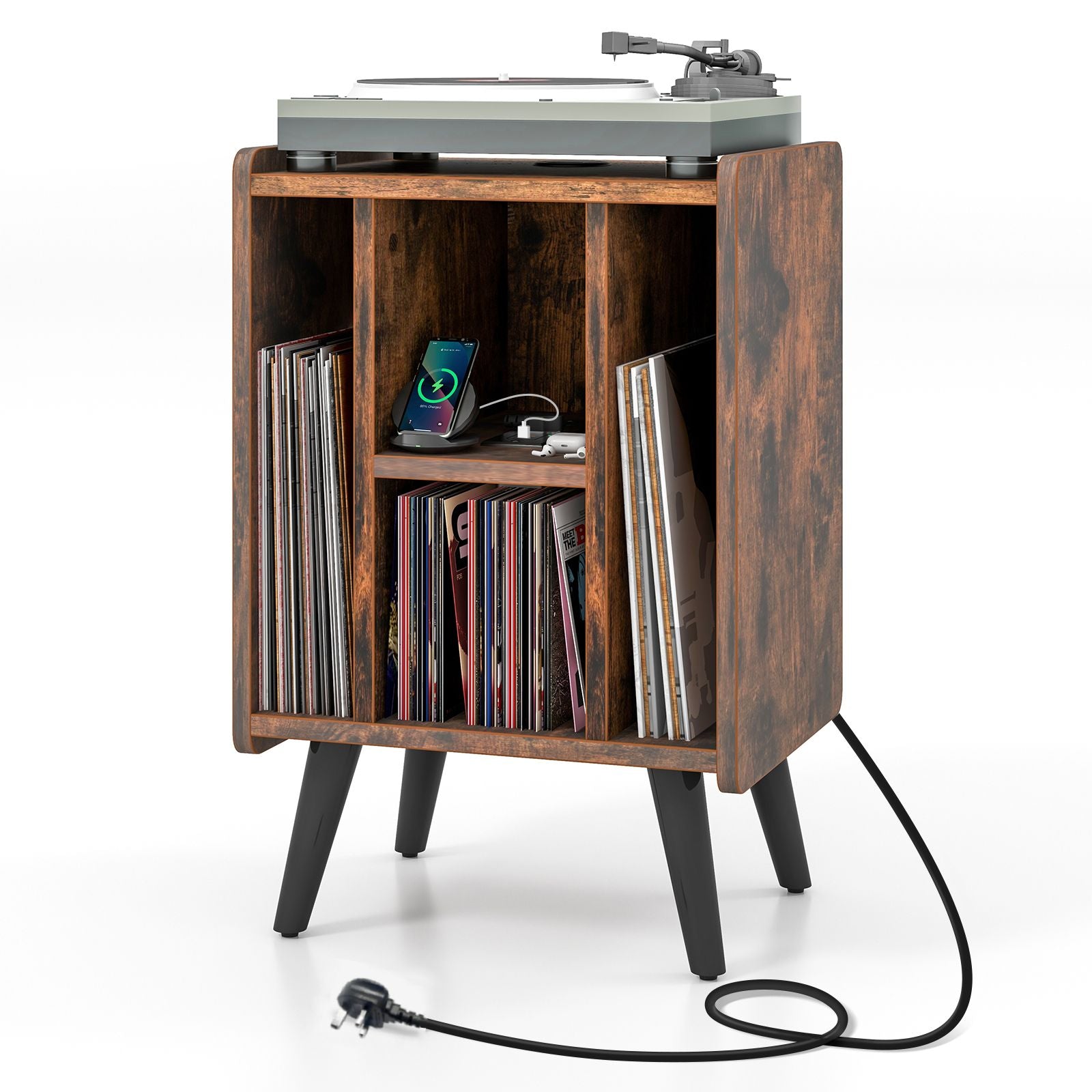 Record Player Stand with 4 Open Shelves Power Outlet USB Charging Port