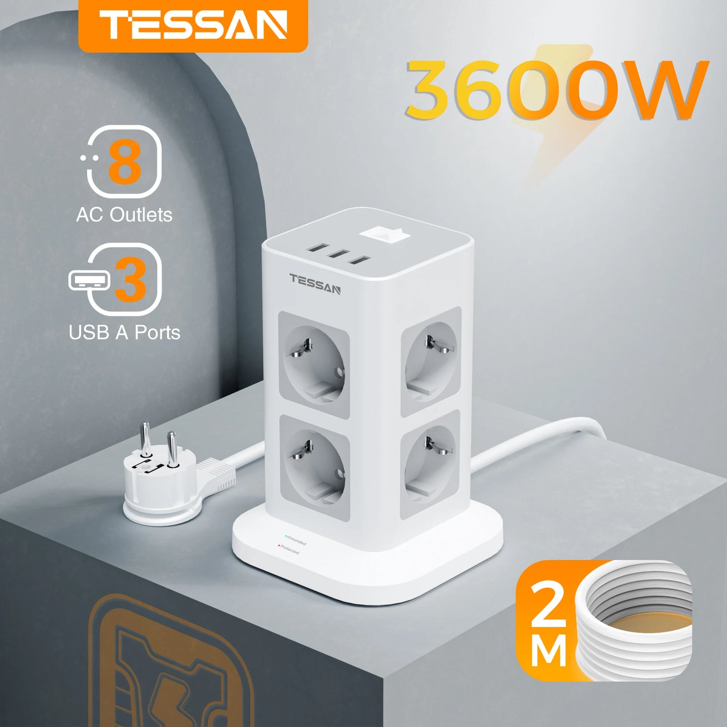 Tower Power Strip Multi Outlets with USB, 2M Extension Cable EU Plug Vertical Electric Socket Surge Protection for Home