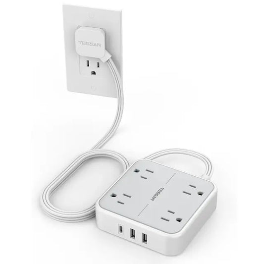 Flat Plug Power Strip with 4 AC Outlets +2 USB Ports +1 Type C 7 in 1 Electric Socket with 5Ft Ultra Thin Extension Cord