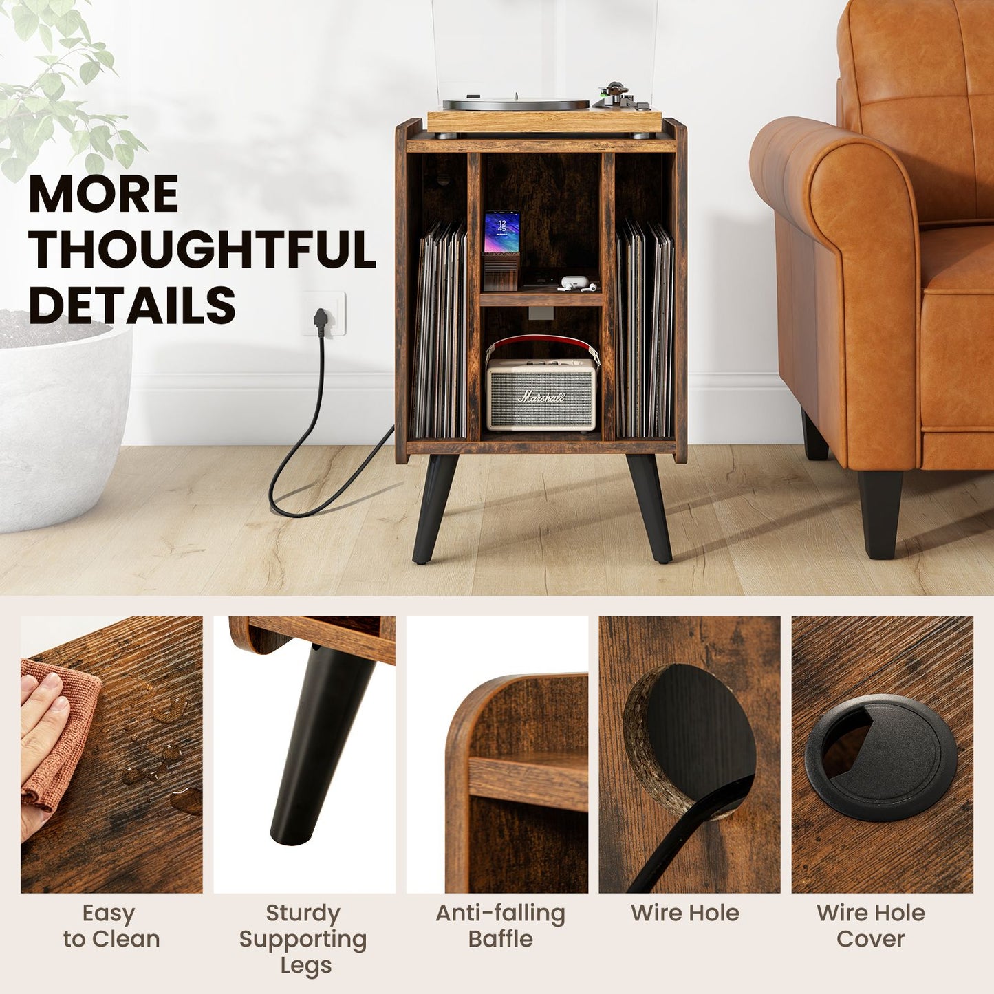 Record Player Stand with 4 Open Shelves Power Outlet USB Charging Port