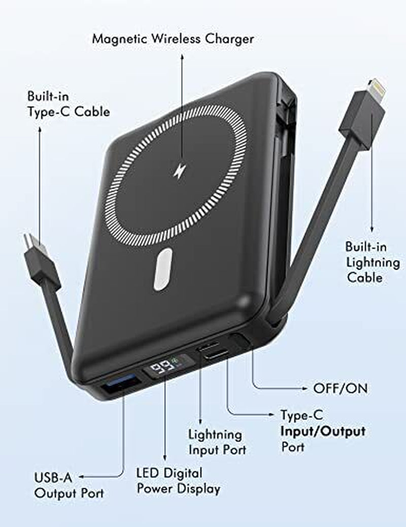 Magnetic Power Bank, 10000Mah Wireless Power Bank with Cable PD 22.5W