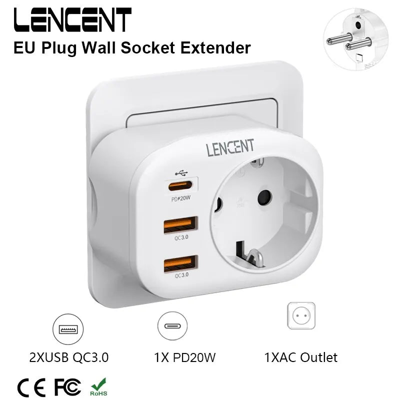 EU Plug Wall Socket Extender with 1 AC Outlet 2 USB QC3.0 and 1 Type C PD 20W Multi Socket Fast Charger for Home Travel