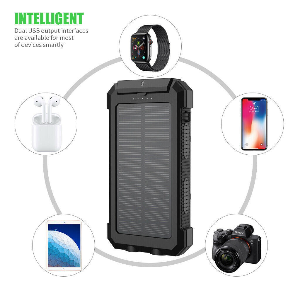 10000000Mah Solar Power Bank Pack Waterproof 2USB LED Battery Charger Phone UK