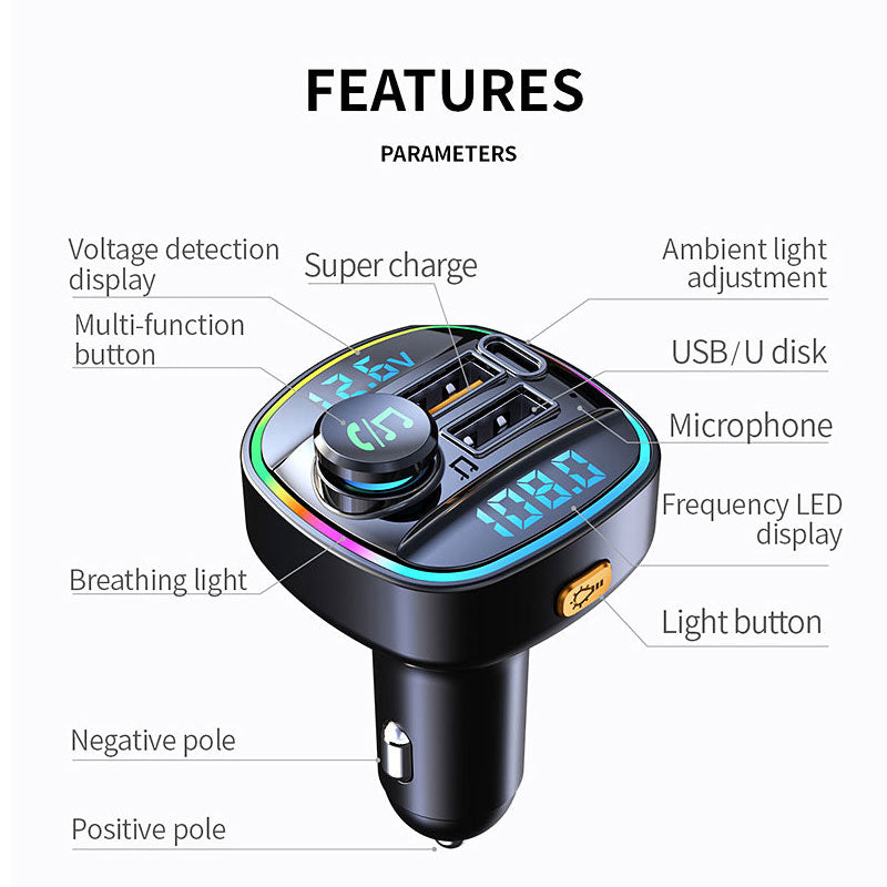 Bluetooth 5.0 FM Transmitter Handsfree Car Radio Modulator MP3 Player with 22.5W USB Super Quick Charge Adapter for Car