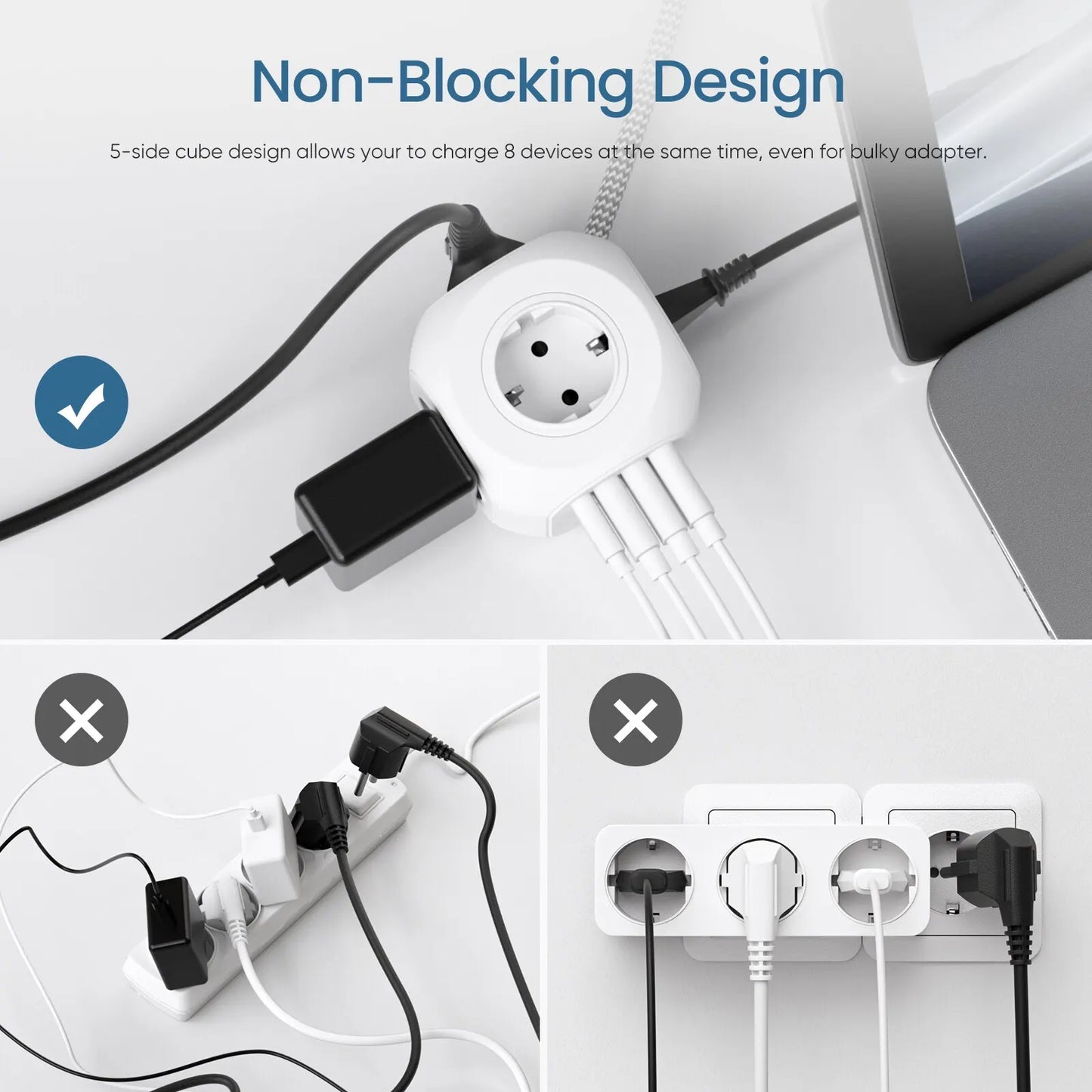 EU Plug Power Strip with 4 AC Outlets 3 USB Port 1 Type C 2M/3M Braided Cable Multi Socket with Switch for Home