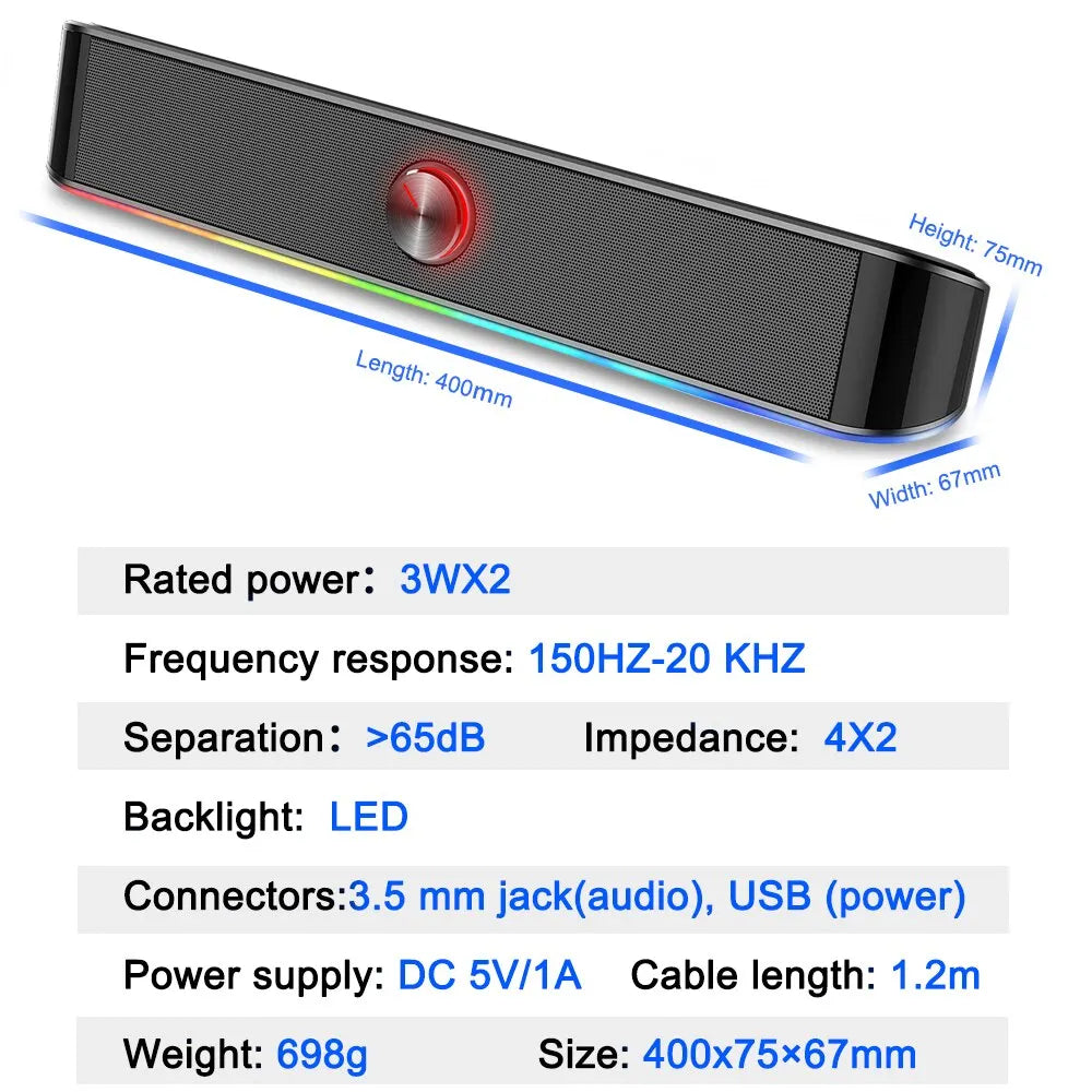 GS560 Adiemus Aux 3.5Mm Stereo Surround Music Smart RGB Speakers Column Sound Bar for Computer PC Notebook Loudspeakers