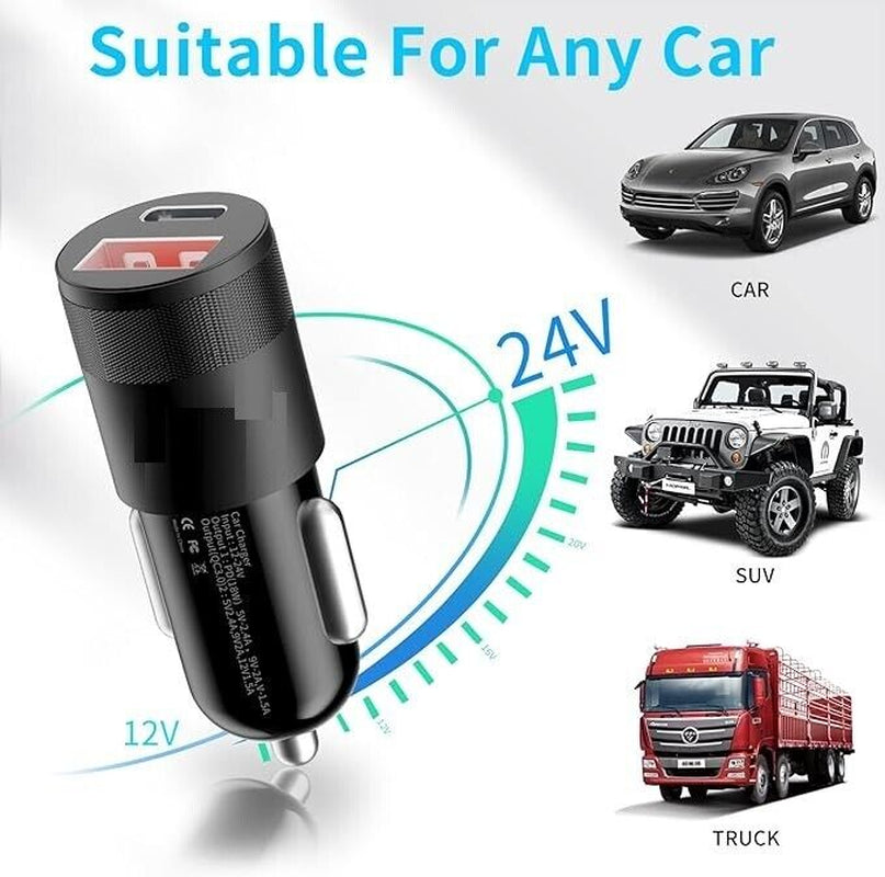 USBC Dual Port Phonecharger 18W USB+ Cigarette Lighter in Car Charger for Iphone