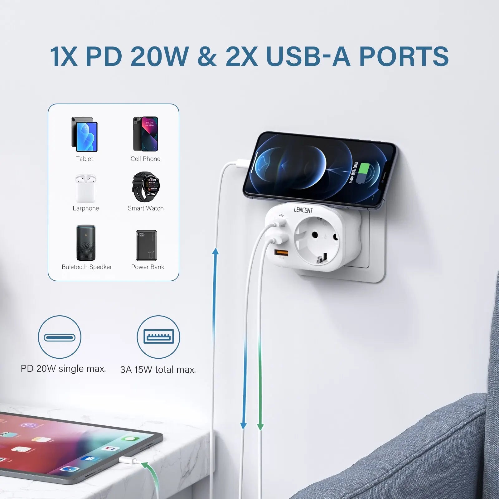 EU Plug Wall Socket Extender with 1 AC Outlet 2 USB QC3.0 and 1 Type C PD 20W Multi Socket Fast Charger for Home Travel