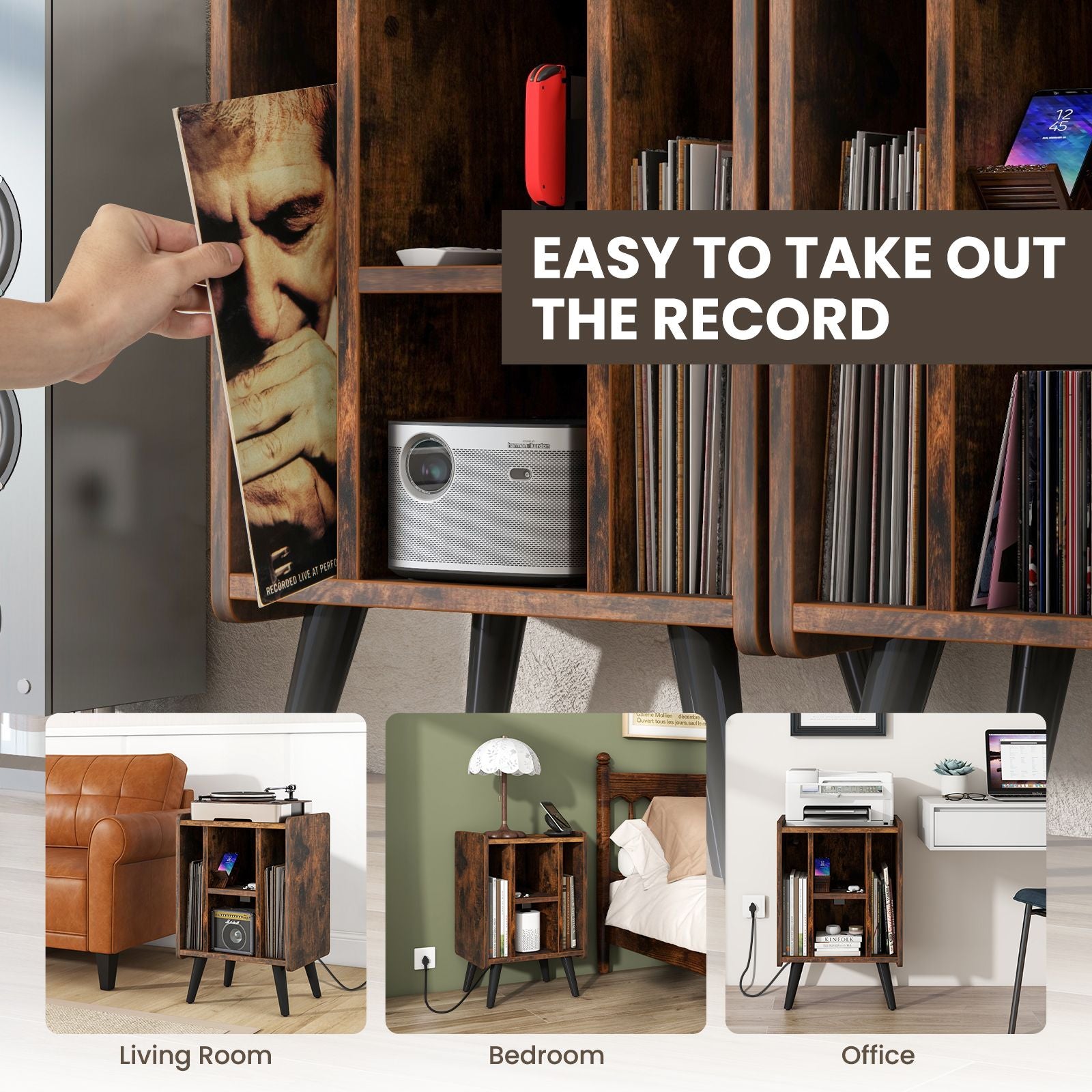 Record Player Stand with 4 Open Shelves Power Outlet USB Charging Port