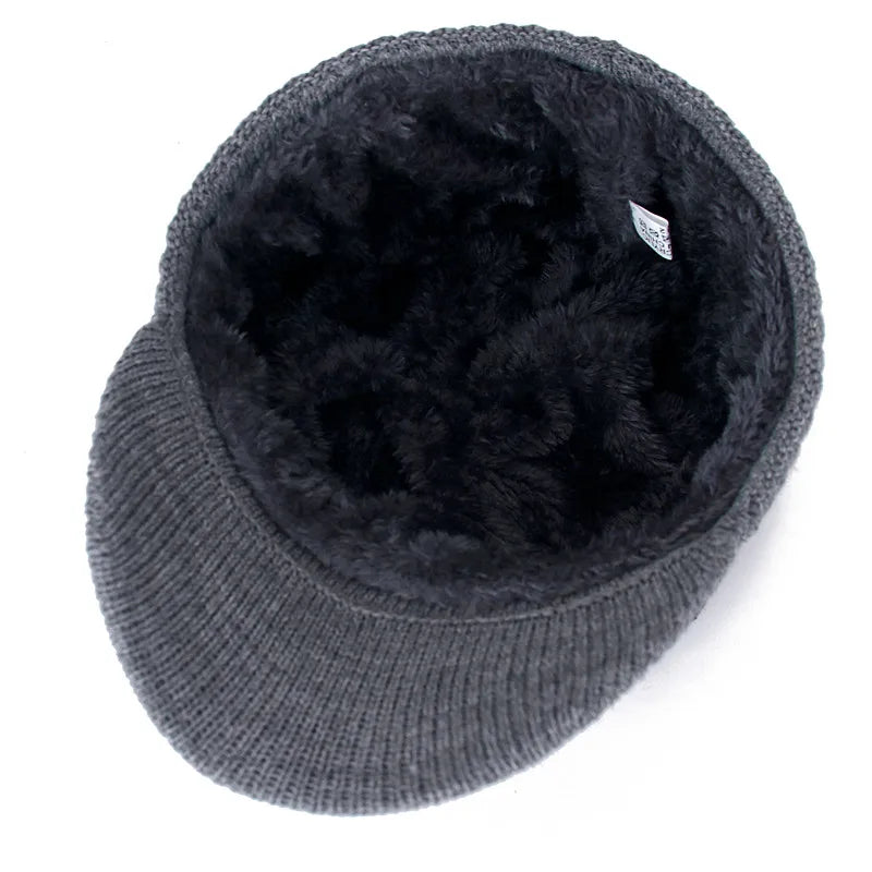 New Unisex Warm Winter Hat with Brim Add Fur Lined Beanie Hat Sports Label Thicken Winter Hats for Men Women Knitted Hat