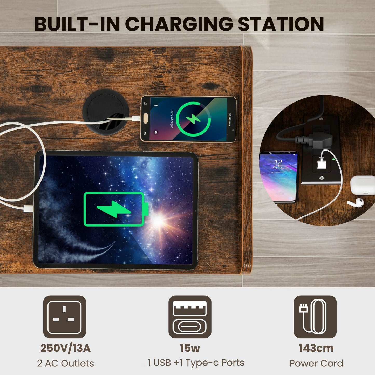 Record Player Stand with 4 Open Shelves Power Outlet USB Charging Port