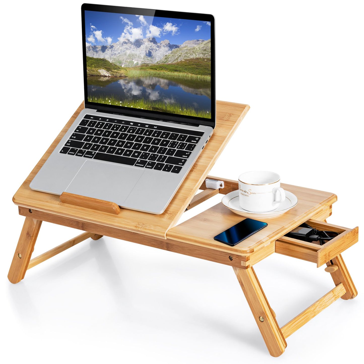 Portable Bamboo Laptop Lap Tray with Adjustable Legs and Tilting Top