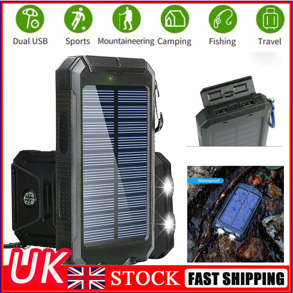 10000000Mah Solar Power Bank Pack Waterproof 2USB LED Battery Charger Phone UK