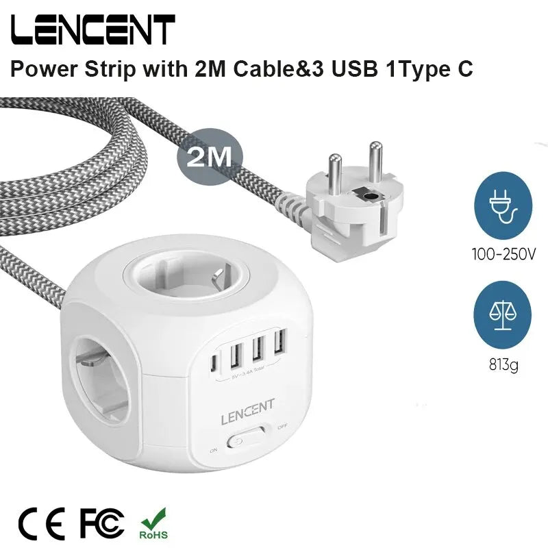 EU Plug Power Strip with 4 AC Outlets 3 USB Port 1 Type C 2M/3M Braided Cable Multi Socket with Switch for Home