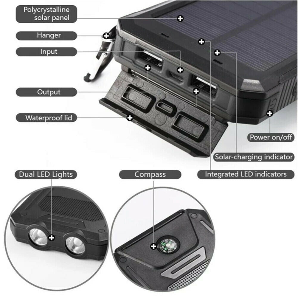 10000000Mah Solar Power Bank Pack Waterproof 2USB LED Battery Charger Phone UK