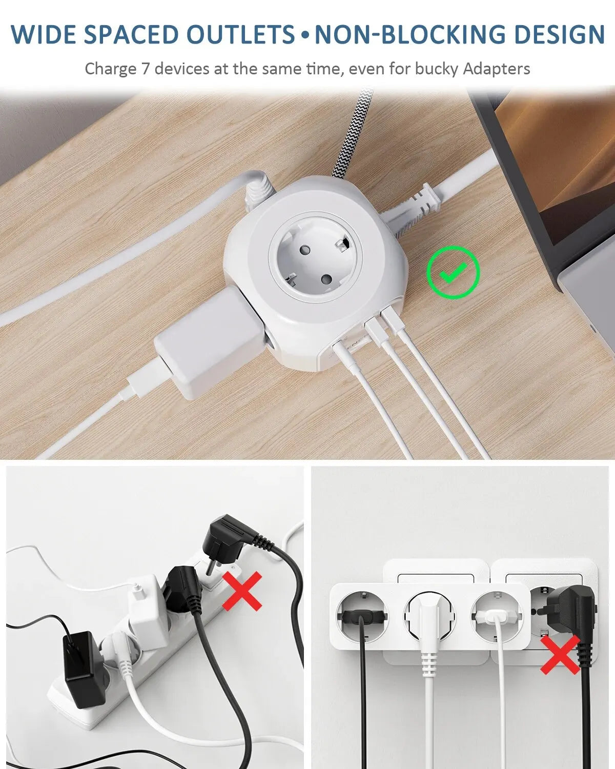 Flat EU Plug Power Strip Cube with 4AC Outlets +2 QC3.0 USB+ 1Type C PD20W Fast Charging 2M/3M Braided Cable for Home