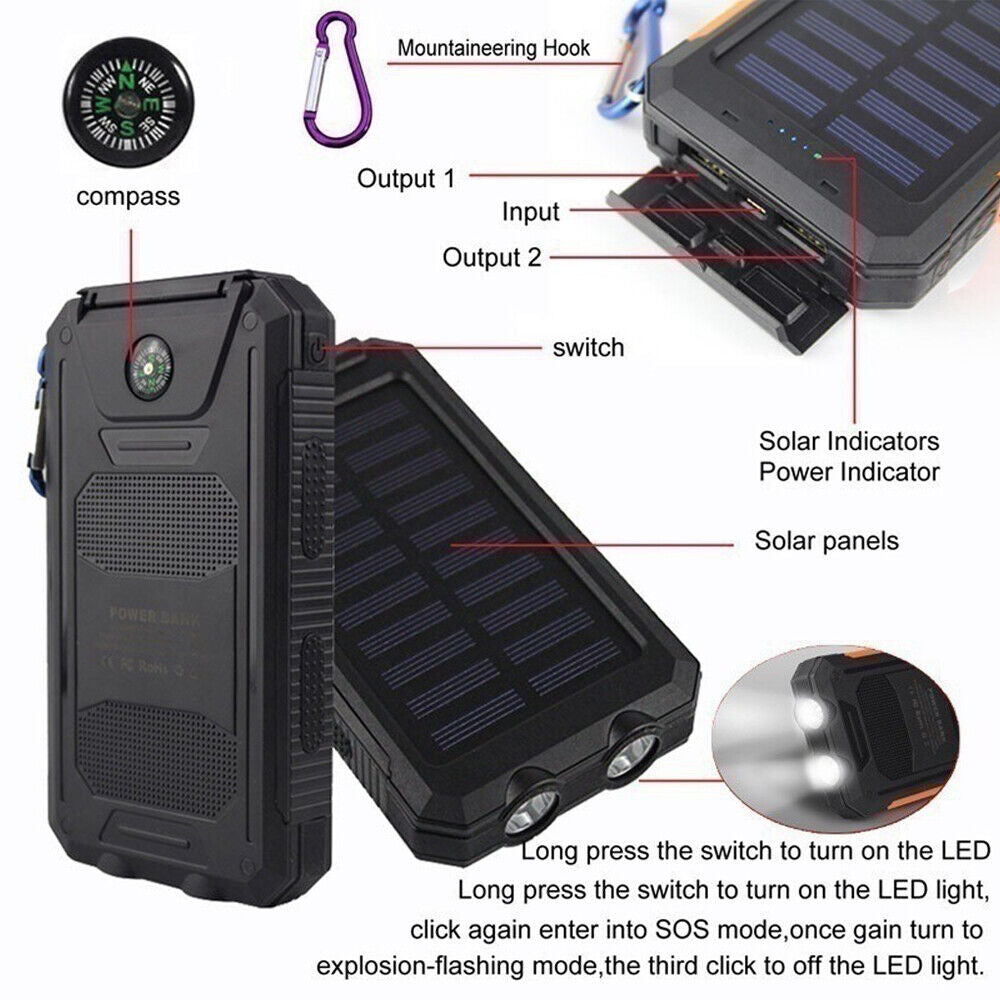 10000000Mah Solar Power Bank Pack Waterproof 2USB LED Battery Charger Phone UK