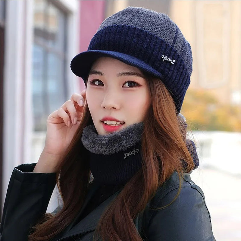 New Unisex Warm Winter Hat with Brim Add Fur Lined Beanie Hat Sports Label Thicken Winter Hats for Men Women Knitted Hat