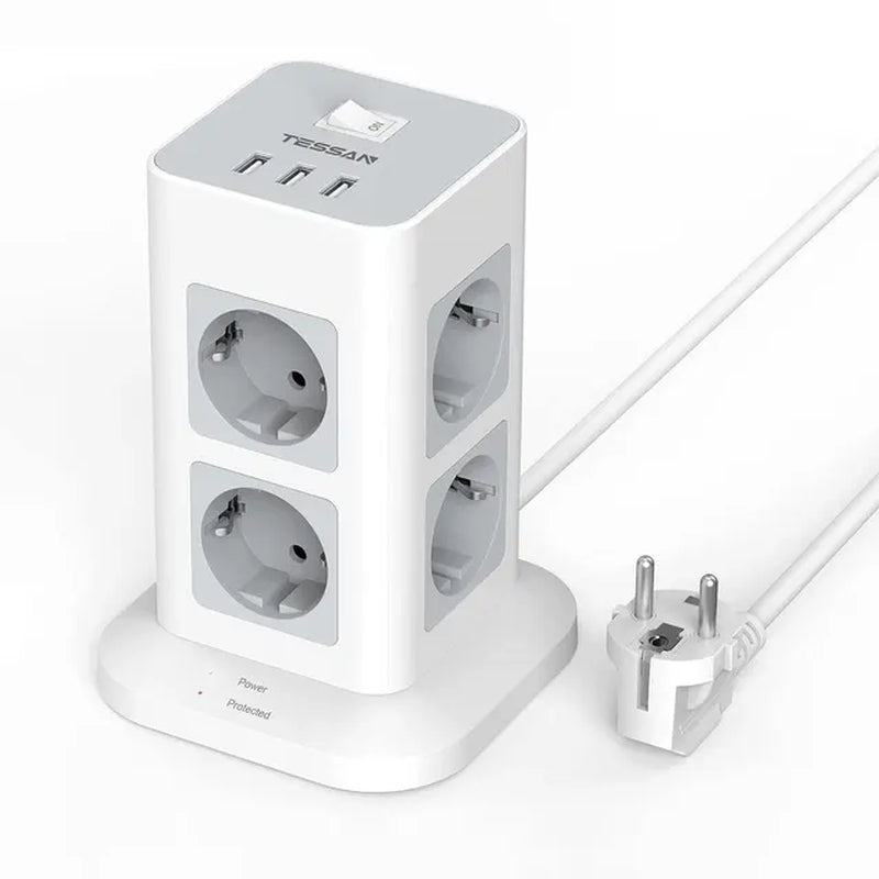 Tower Power Strip Multi Outlets with USB, 2M Extension Cable EU Plug Vertical Electric Socket Surge Protection for Home